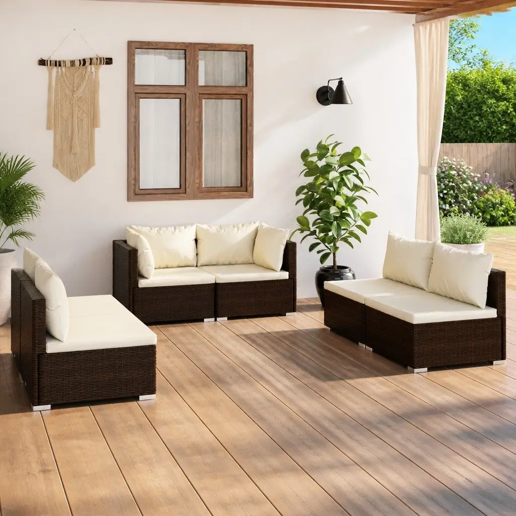 Garden Lounge Set 6 Piece Outdoor Patio Furniture Brown Rattan Modular Sofa