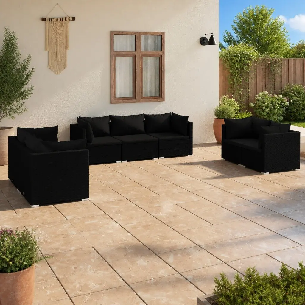 Garden Lounge Set Modular Black 7 Piece Outdoor Patio Furniture Rattan Sofa with Cushions