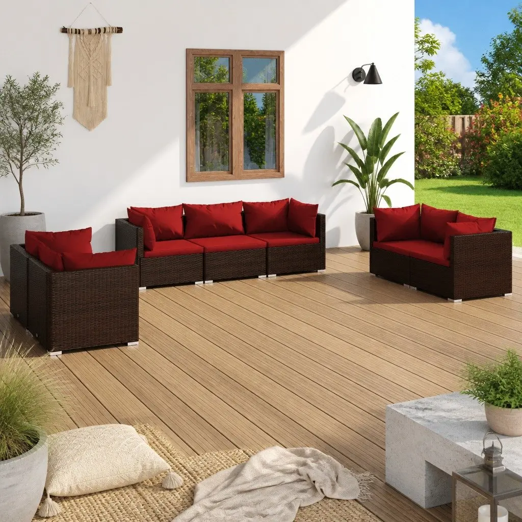 7 Piece Modular Garden Lounge Set Brown Water Resistant PE Rattan with Cushions Outdoor Furniture
