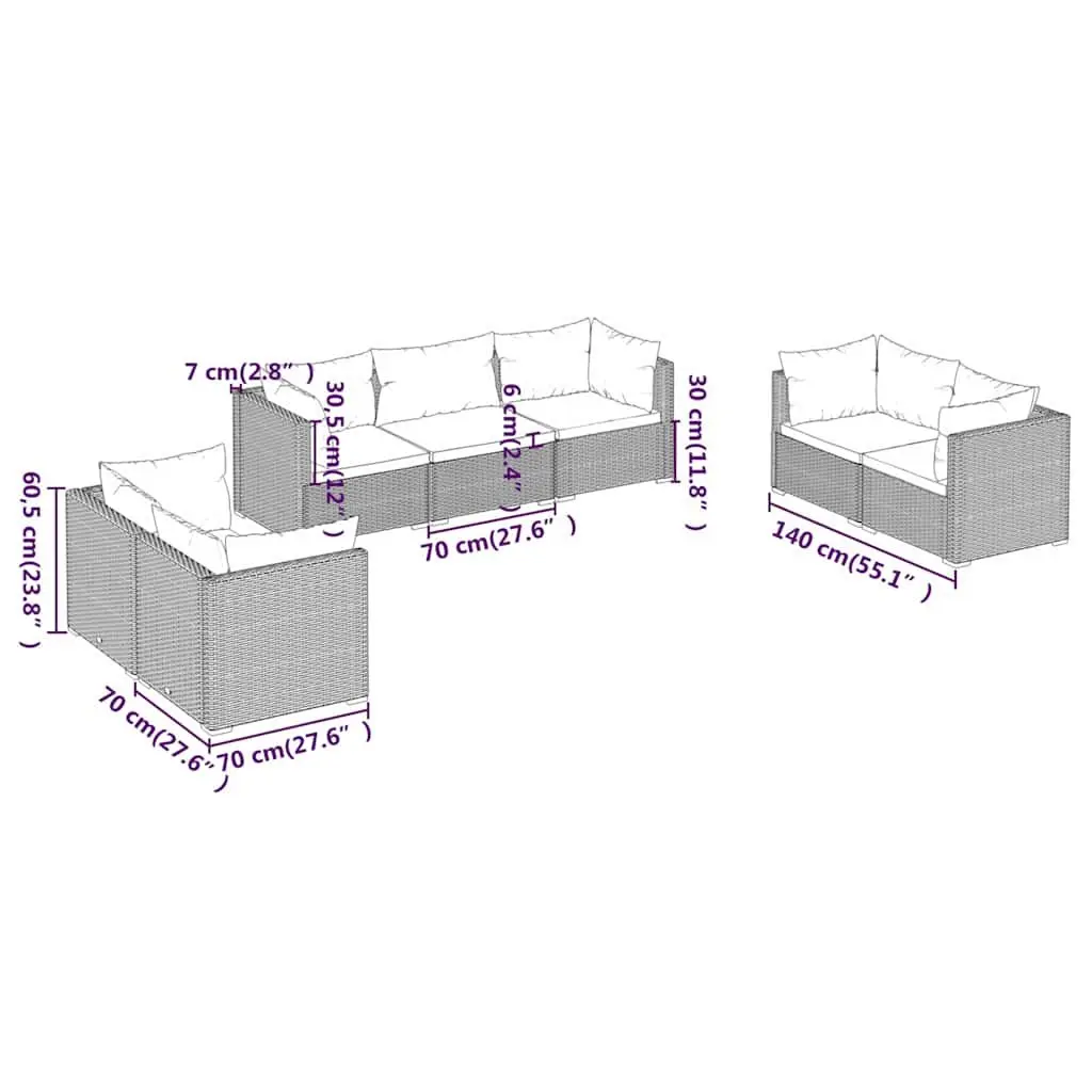 7 Piece Modular Garden Lounge Set Brown Water Resistant PE Rattan with Cushions Outdoor Furniture