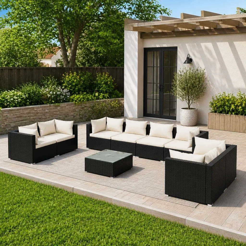 Garden Lounge Set Modular Rattan Sofa 9 Piece Outdoor Patio Furniture Black