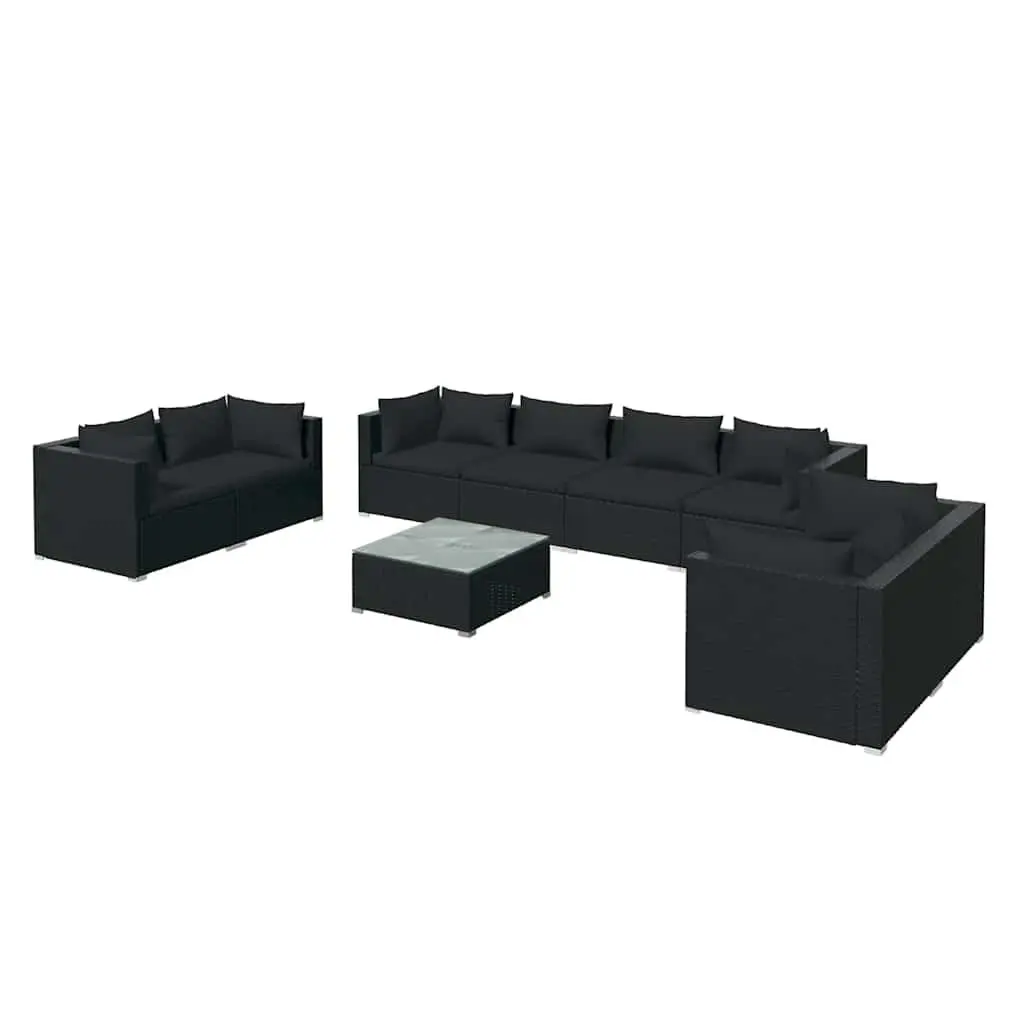 Garden Lounge Set 9 Piece Modular Outdoor Furniture Steel Frame Water-Resistant PE Rattan Cushions Black