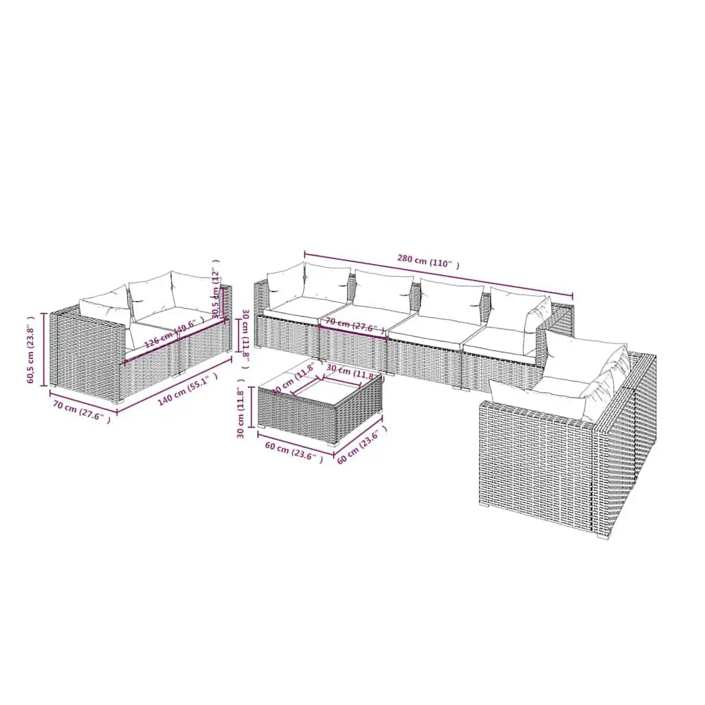 Garden Lounge Set 9 Piece Modular Outdoor Furniture PE Rattan Grey