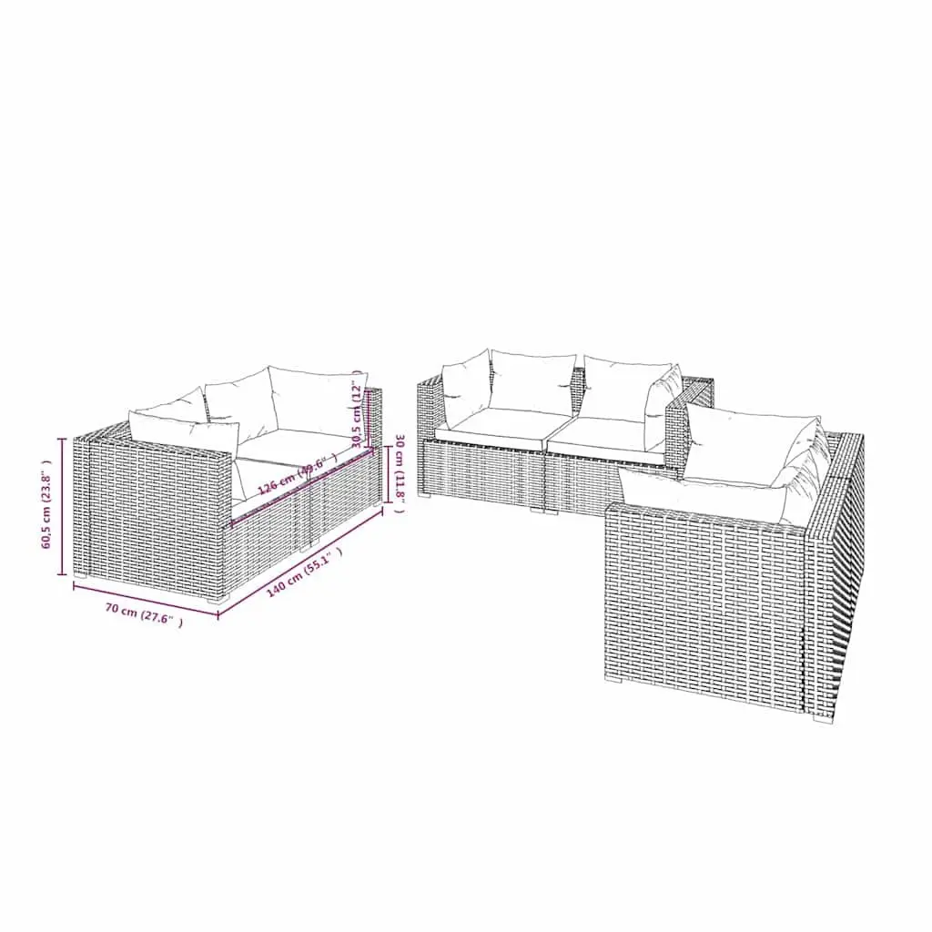 Garden Lounge Set Rattan Outdoor Patio Furniture 6 Piece Grey Sofa with Cushions