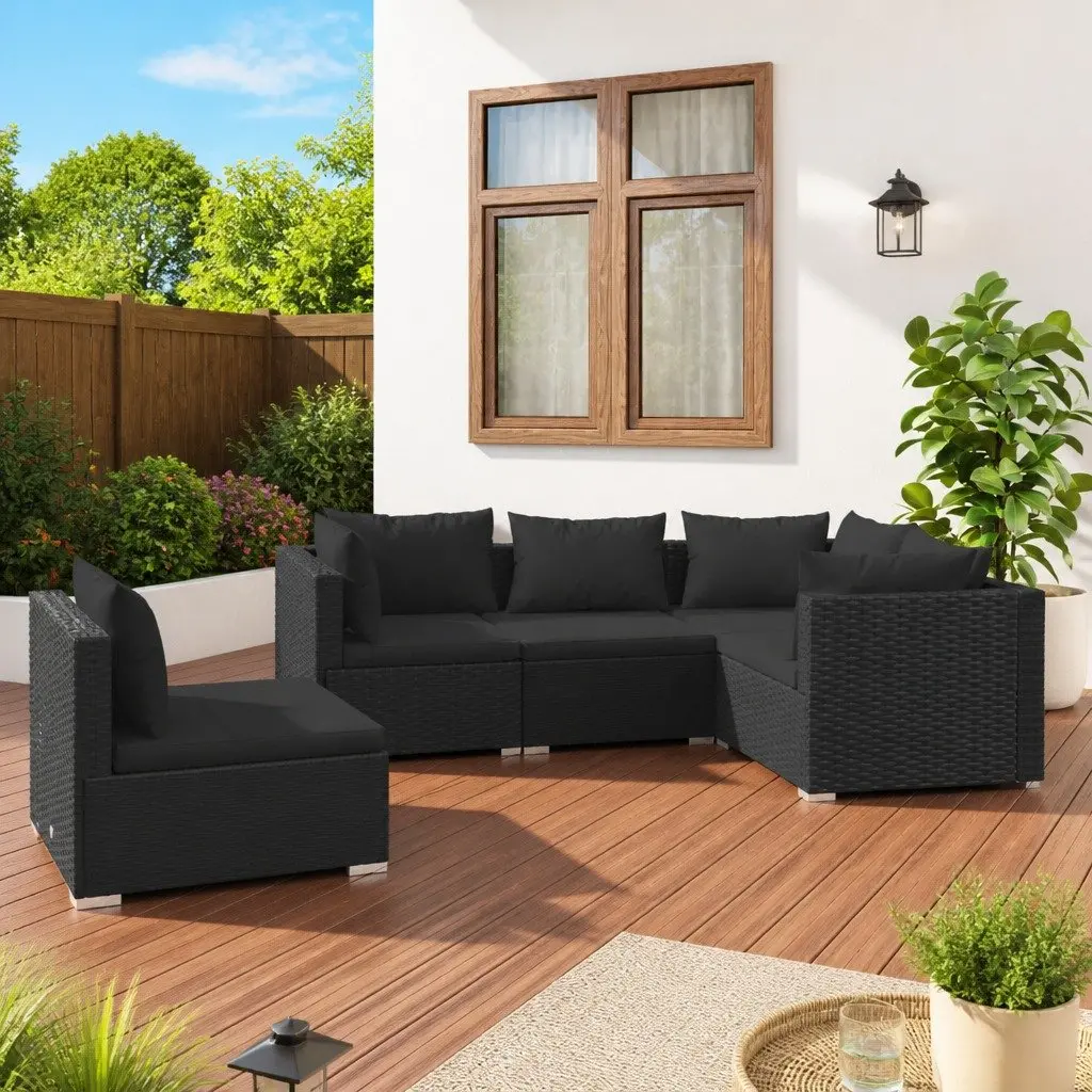 Garden Lounge Set 5 Piece Modular Outdoor Furniture Powder Coated Steel Frame Water Resistant PE Rattan Black