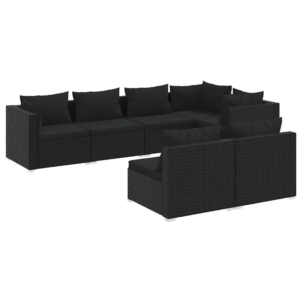 7 Piece Outdoor Lounge Set Modular Black Poly Rattan Patio Furniture with Removable Cushions and Steel Frame