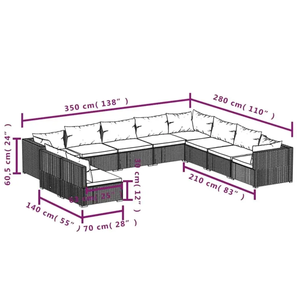 10 Piece Garden Lounge Set Modular Black Poly Rattan Outdoor Patio Furniture