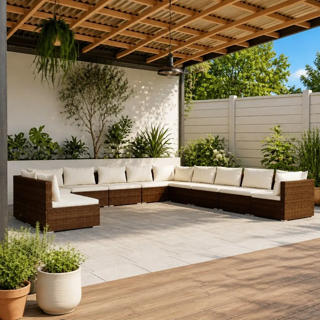 Garden Lounge Set 11 Piece Outdoor Poly Rattan Modular Patio Furniture Brown