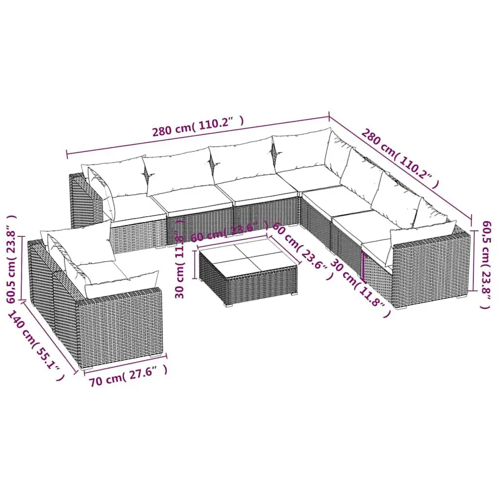 Garden Lounge Set 10 Piece Outdoor Furniture Poly Rattan Brown with Cushions