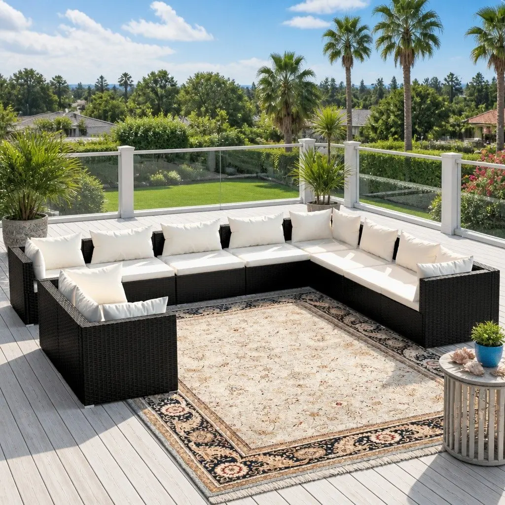 Outdoor Lounge Set 10 Piece Modular Black Poly Rattan Furniture