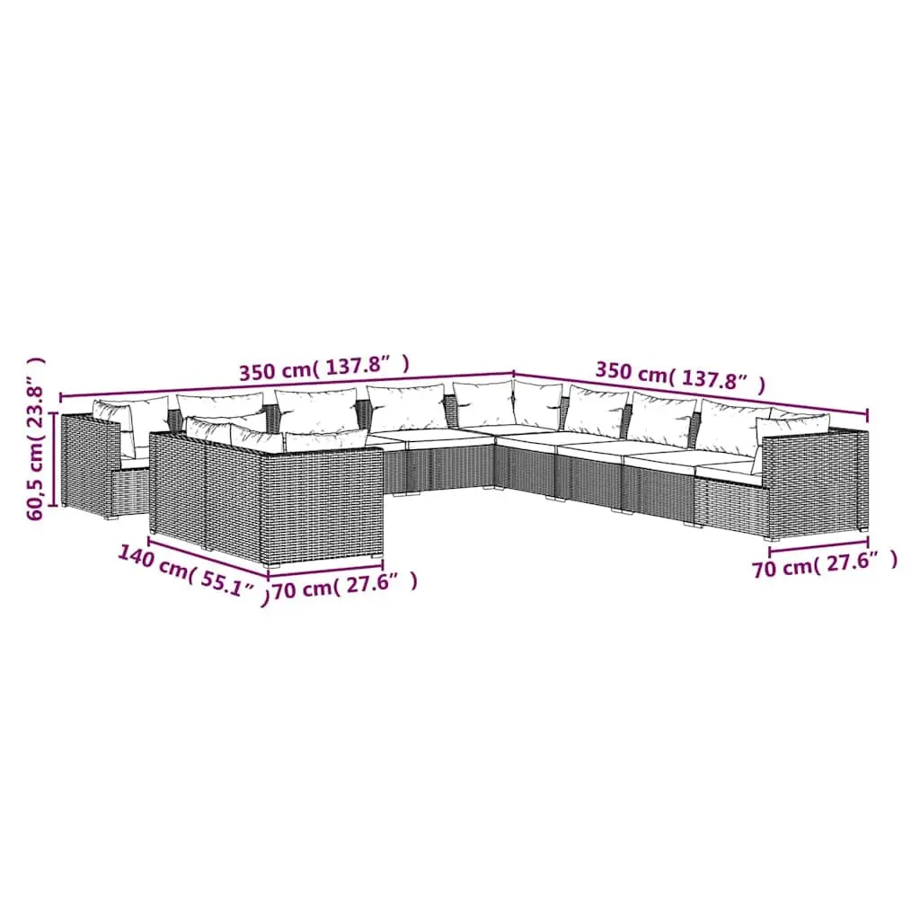 11 Piece Modular Poly Rattan Outdoor Garden Lounge Set Black