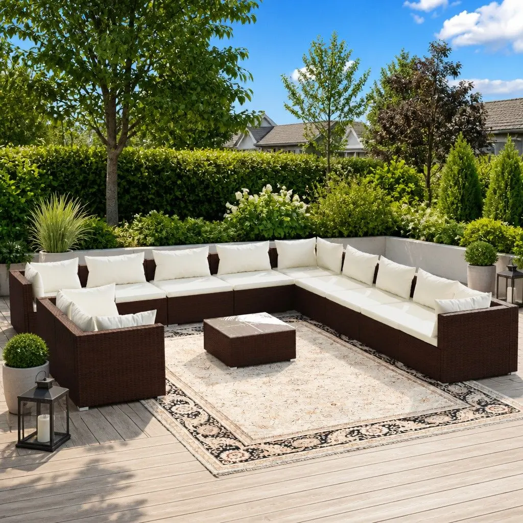 12 Piece Garden Lounge Set Poly Rattan Steel Frame Cushions Brown Outdoor Furniture