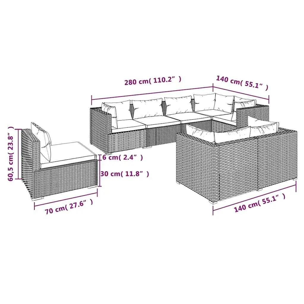 Garden Lounge Set Poly Rattan 8 Piece Modular Outdoor Furniture Black