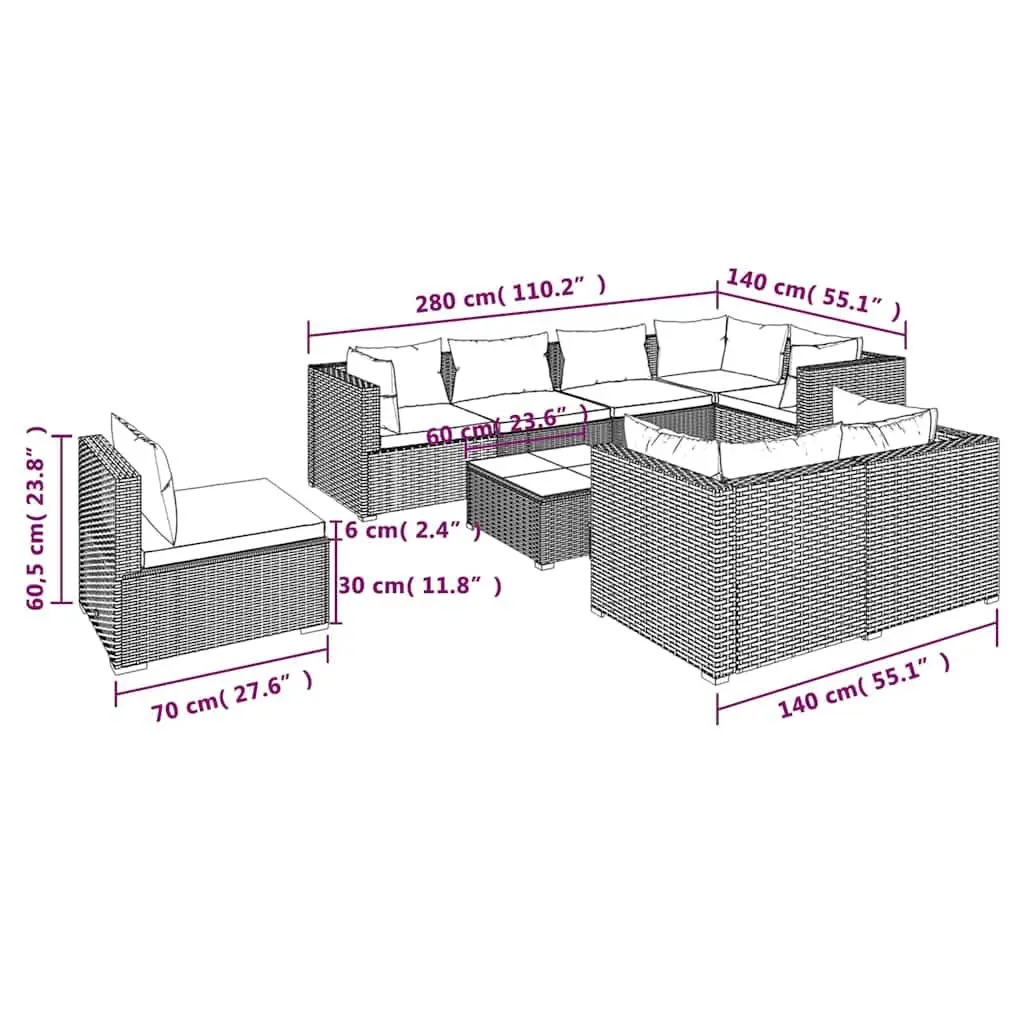 9 Piece Garden Lounge Set Poly Rattan Modular Sofa Black Outdoor Patio Furniture