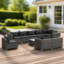 Grey Poly Rattan Lounge Set 10-Piece Outdoor Furniture with Cushions