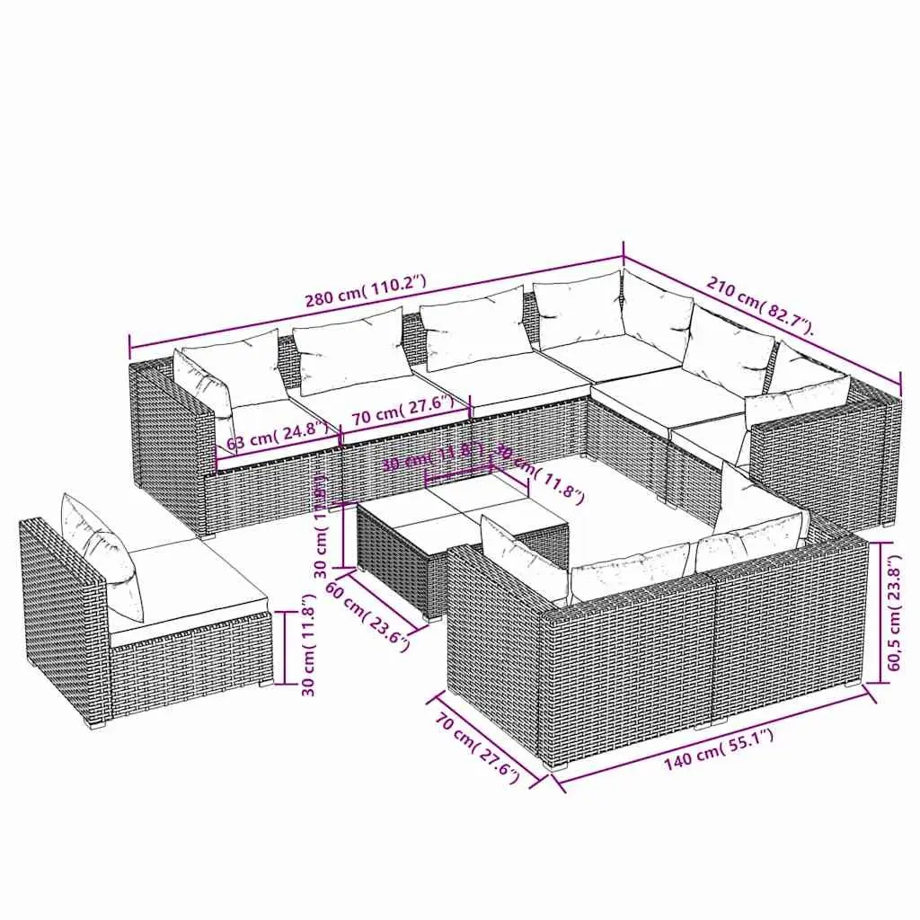 Outdoor Garden Lounge Set 10 Piece Poly Rattan Patio Furniture with Cushions