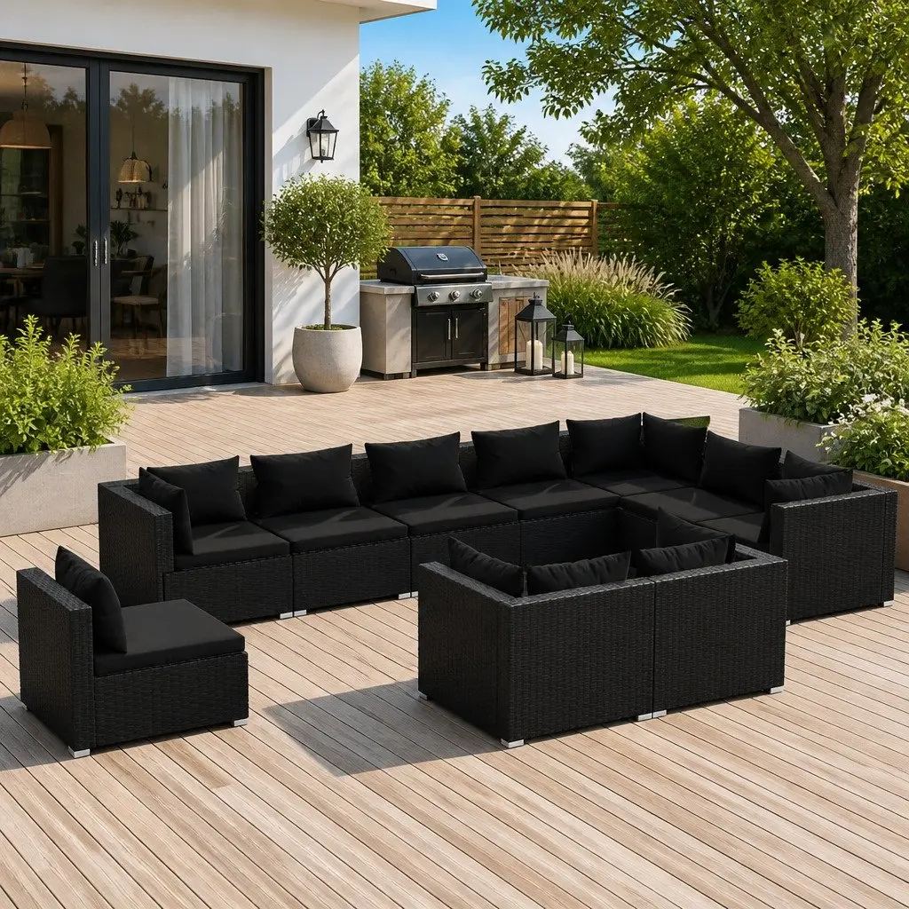 Outdoor Garden Lounge Set Poly Rattan 10 Piece Modular Patio Furniture Black