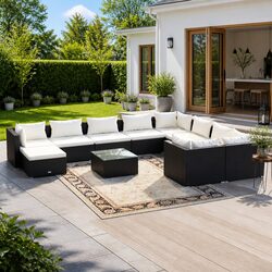Garden Lounge Set 11 Piece Outdoor Patio Furniture Black Poly Rattan Modular