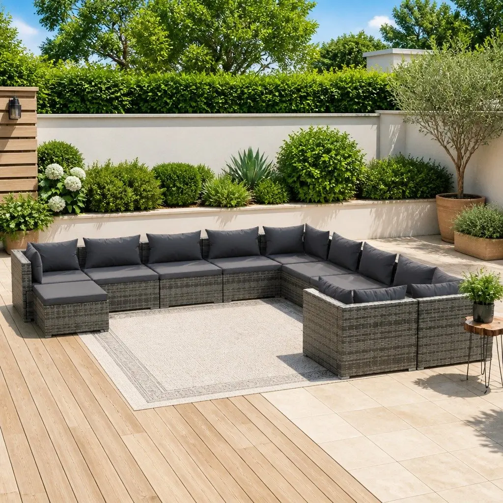 Garden Lounge Set Poly Rattan Modular 11 Piece Outdoor Patio Furniture Grey Cushions