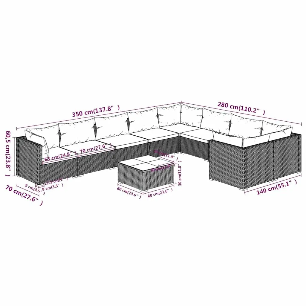 10 Piece Outdoor Lounge Set Brown Poly Rattan Weather Resistant Furniture with Cushions