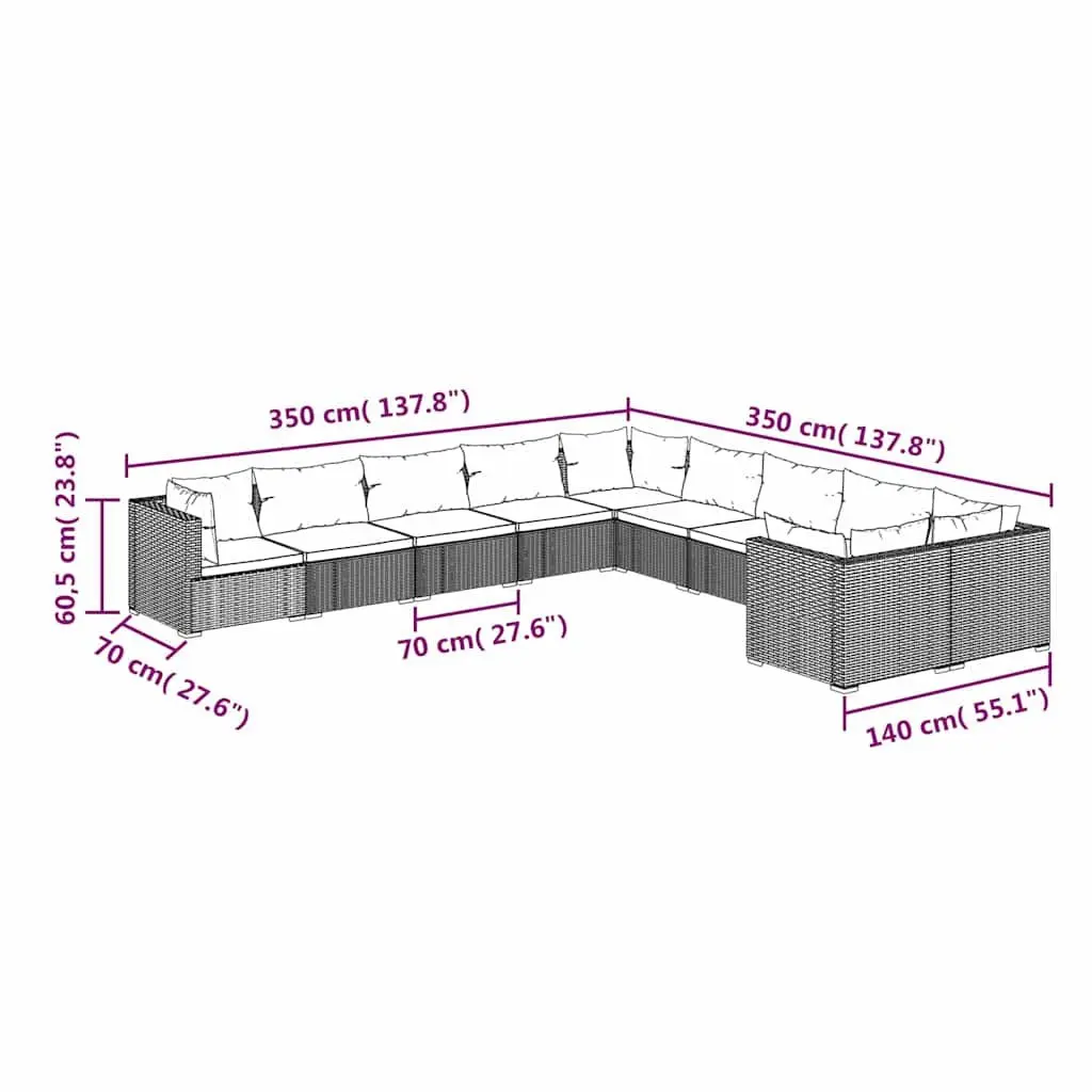 10 Piece Garden Lounge Set Poly Rattan Modular Patio Furniture with Cushions Black