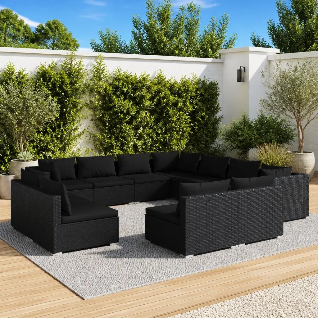 11 Piece Garden Lounge Set Modular Outdoor Furniture Black Water-Resistant PE Rattan and Powder-Coated Steel