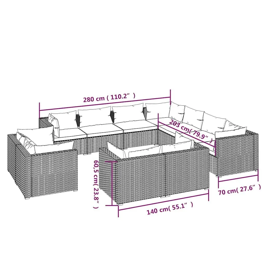 11-Piece Outdoor Garden Lounge Set PE Rattan Patio Furniture with Cushions Black