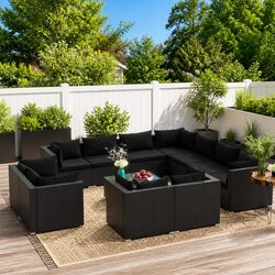 12 Piece Garden Lounge Set Outdoor Patio Furniture Black Poly Rattan Cushions