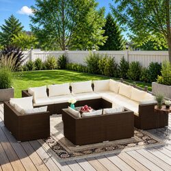 Garden Lounge Set 12 Piece Outdoor Furniture Brown Poly Rattan with Cushions