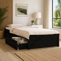 Functional Black Wooden Bed Frame with Storage Options