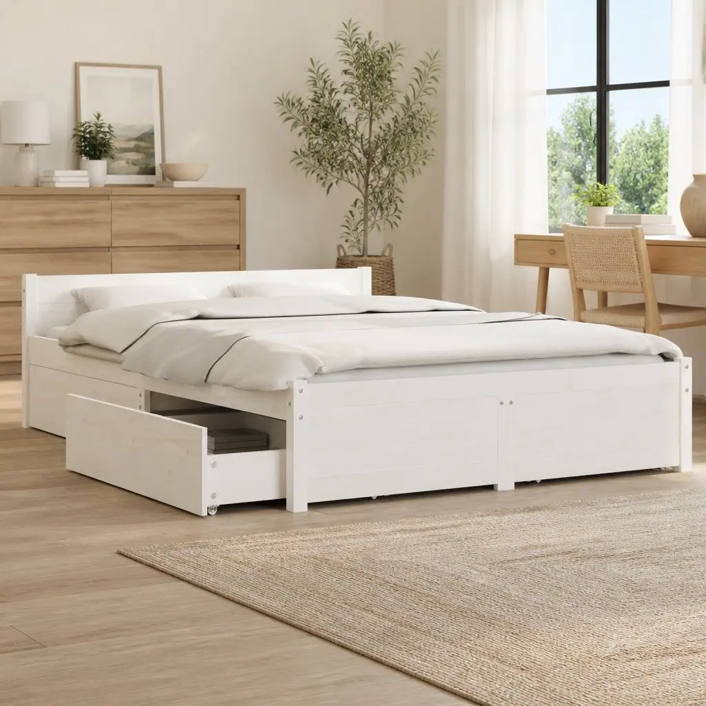 Bed Frame with Storage Drawers White 150x200 cm Wooden Bedroom Furniture