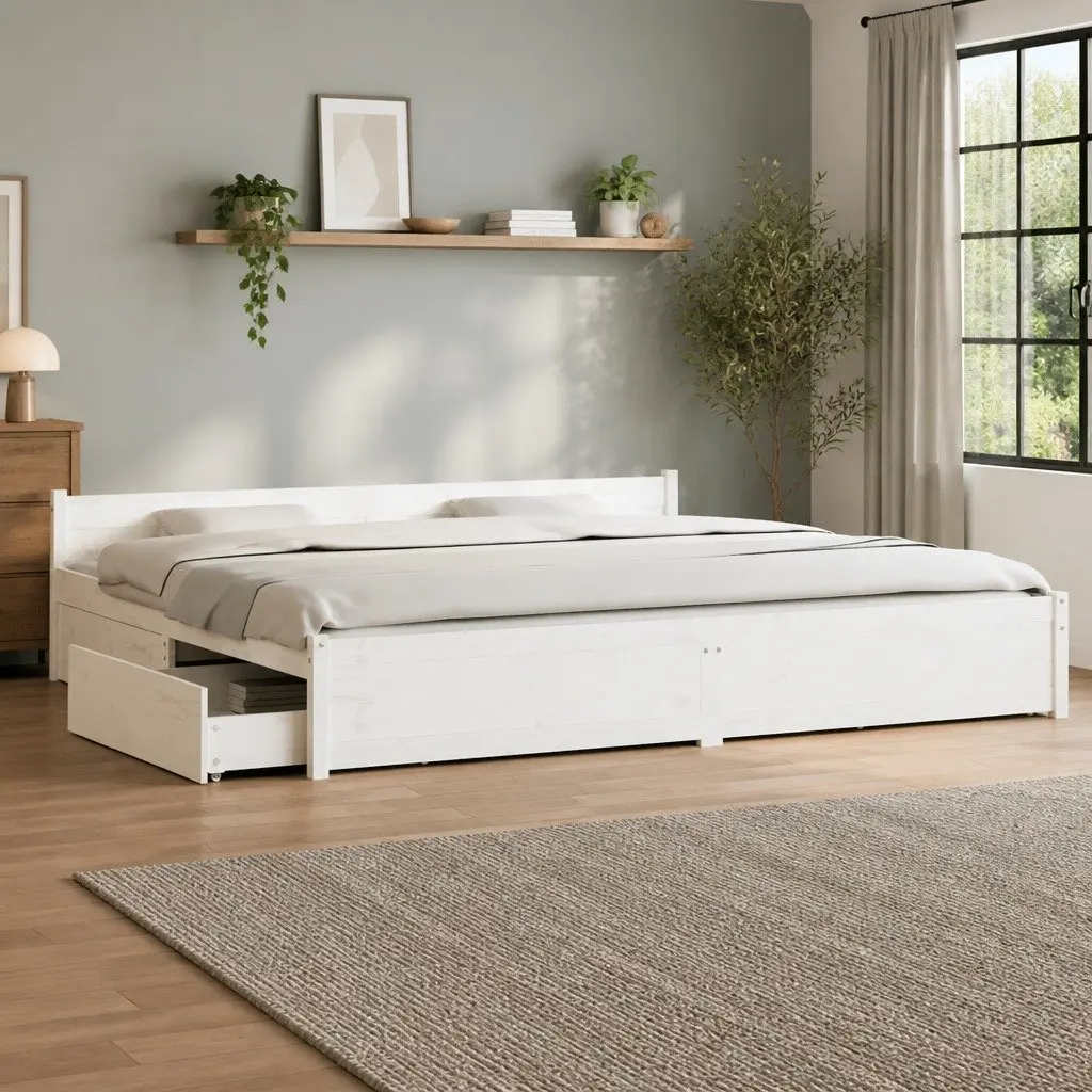 King Bed Frame Solid Pine Wood with Storage Drawers 183x203 cm White
