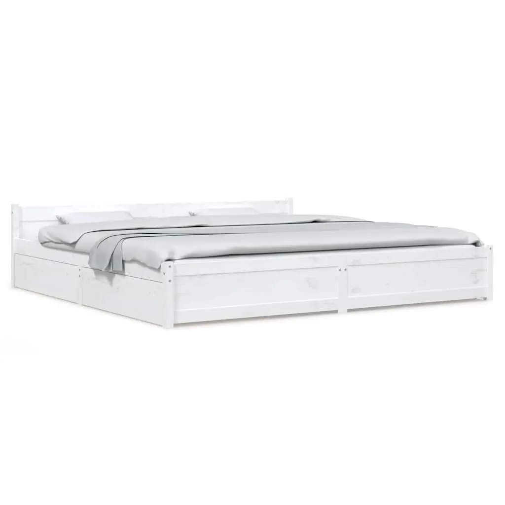 King Bed Frame Solid Pine Wood with Storage Drawers 183x203 cm White