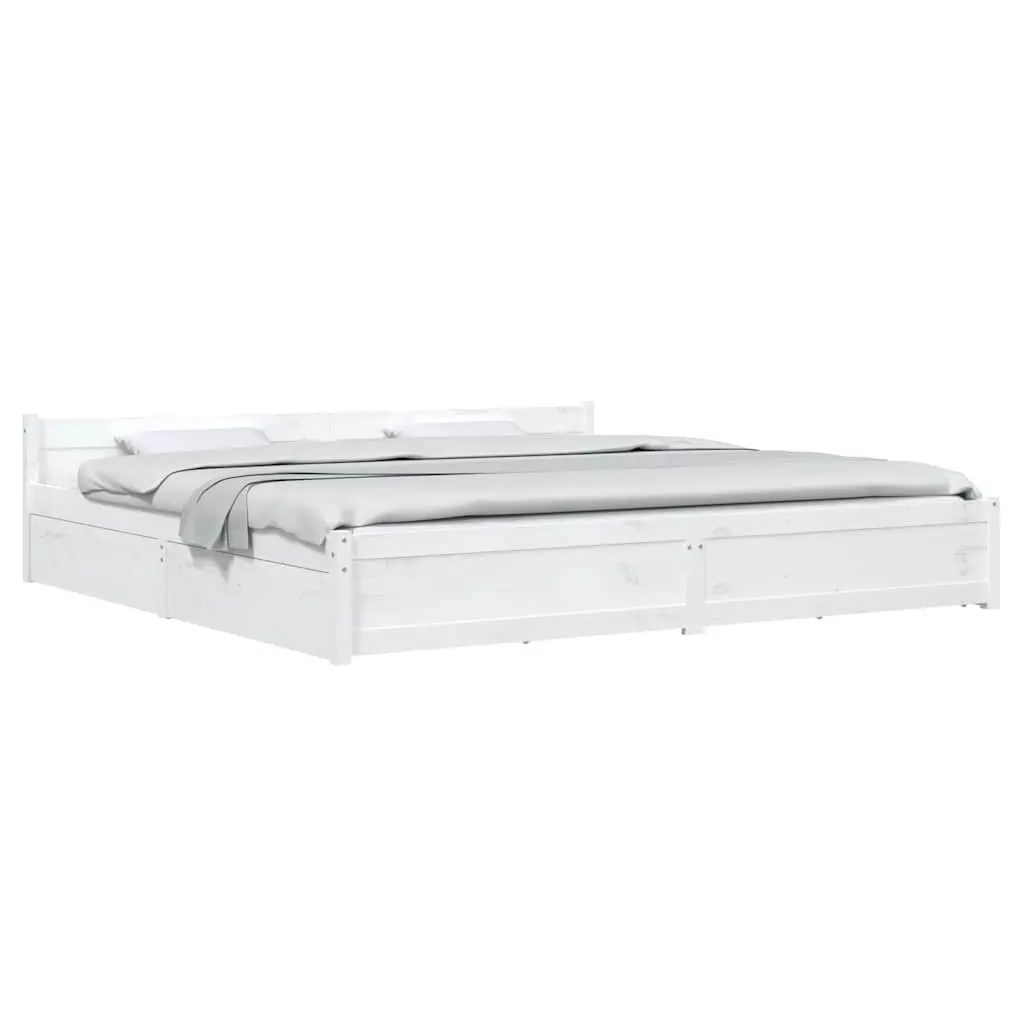 King Bed Frame Solid Pine Wood with Storage Drawers 183x203 cm White