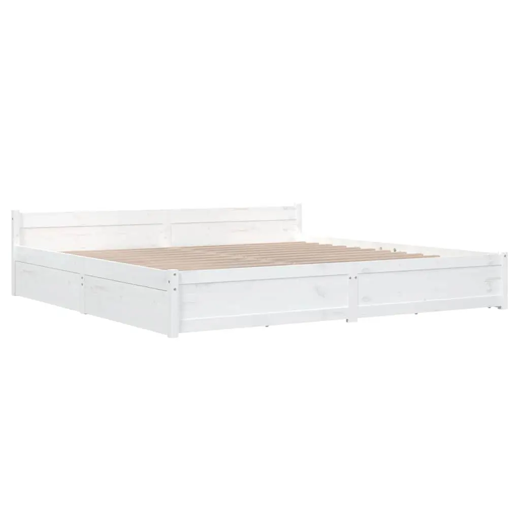 King Bed Frame Solid Pine Wood with Storage Drawers 183x203 cm White