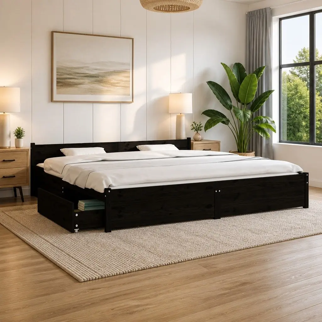 King Bed Frame with Storage Drawers Wooden Slats Black 183x203 cm Bedroom