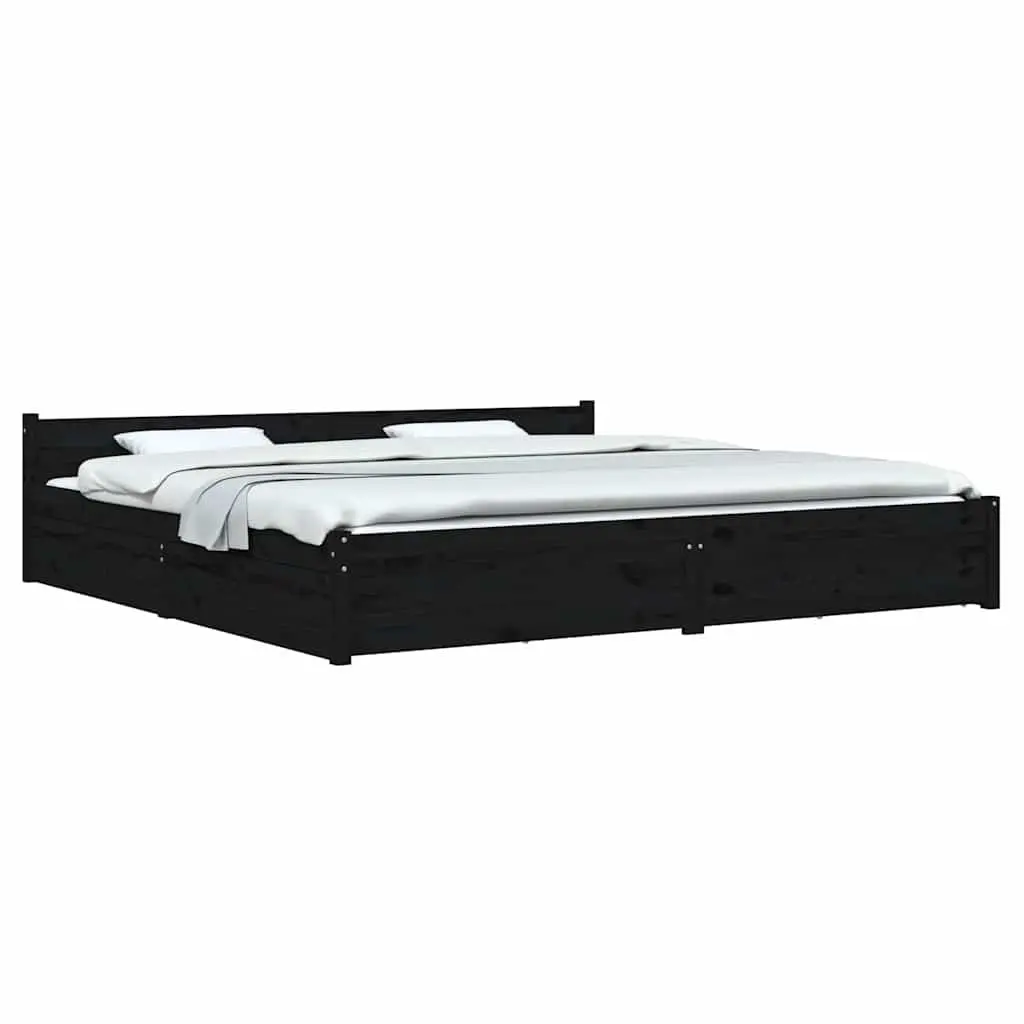 King Bed Frame with Storage Drawers Wooden Slats Black 183x203 cm Bedroom