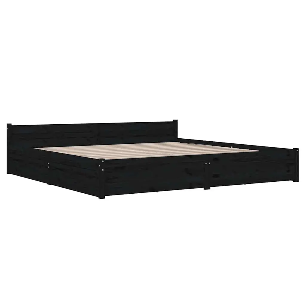 King Bed Frame with Storage Drawers Wooden Slats Black 183x203 cm Bedroom