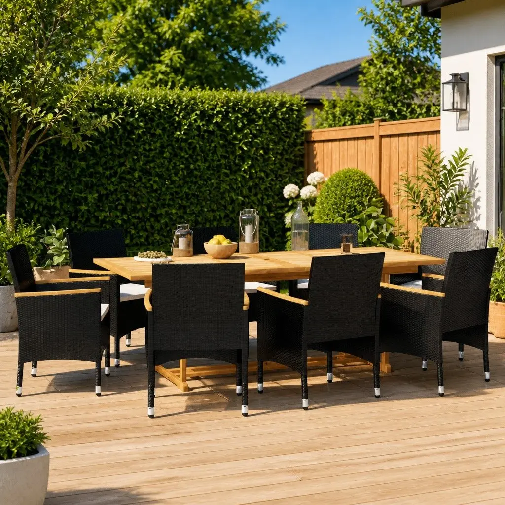 Outdoor Dining Set 9 Piece Acacia Wood Chairs with Cushions Black Color