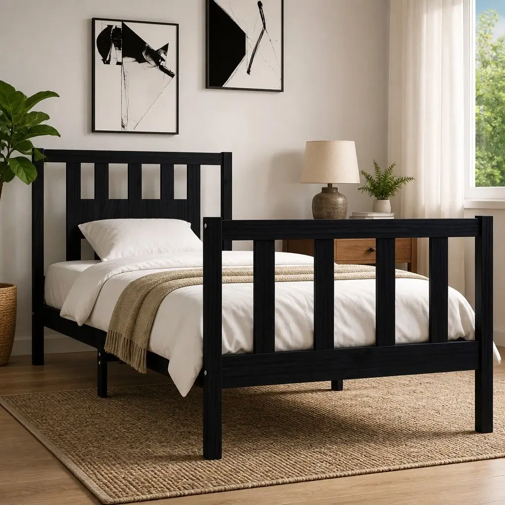 Black Pine Wood Bed Frame Single with Integrated Headboard and Wooden Slat Base Size 90x190 cm