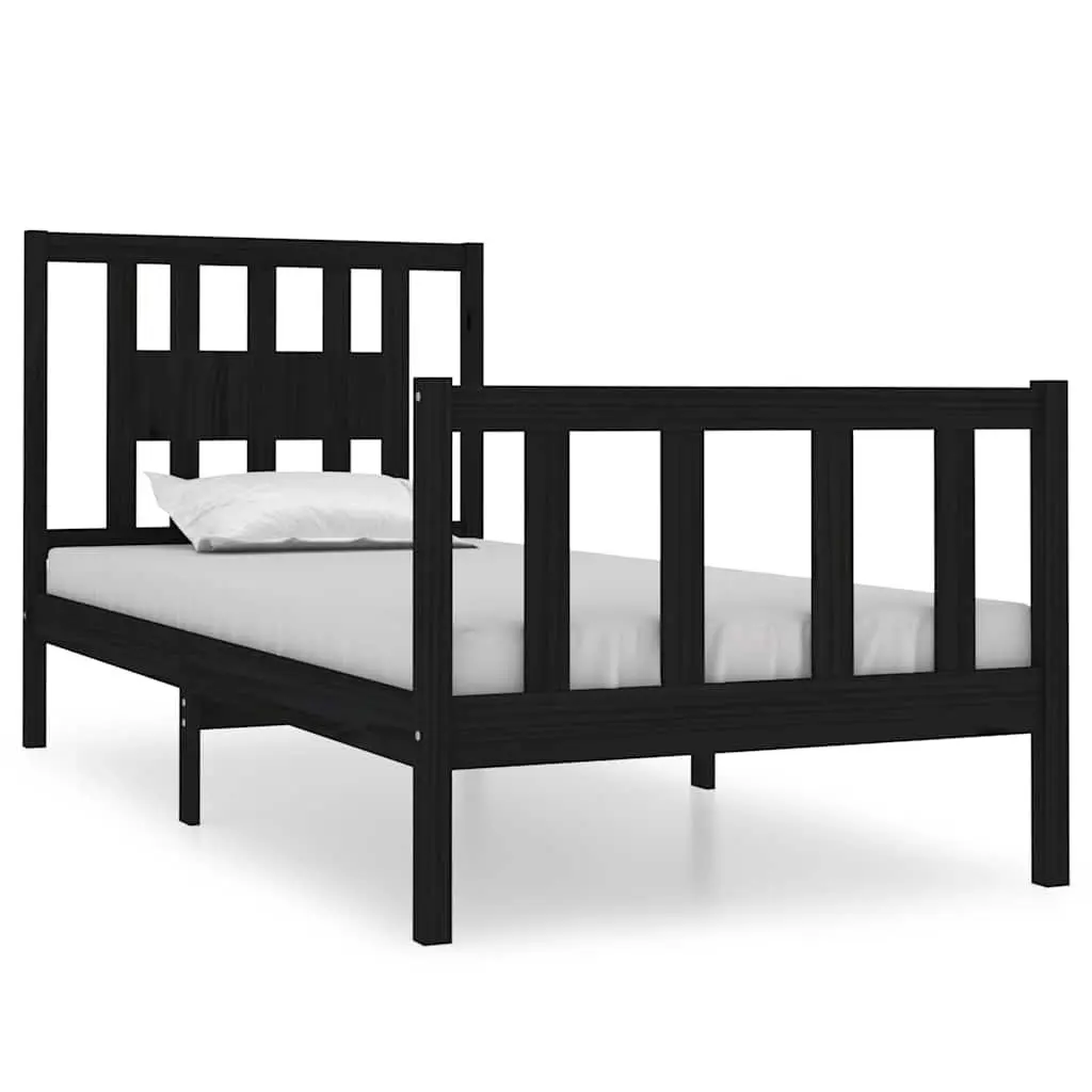 Black Pine Wood Bed Frame Single with Integrated Headboard and Wooden Slat Base Size 90x190 cm