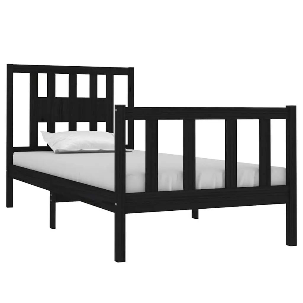 Black Pine Wood Bed Frame Single with Integrated Headboard and Wooden Slat Base Size 90x190 cm