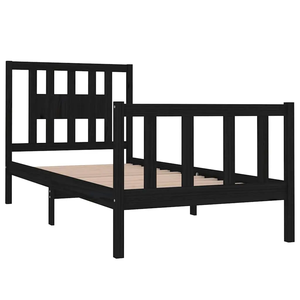 Black Pine Wood Bed Frame Single with Integrated Headboard and Wooden Slat Base Size 90x190 cm
