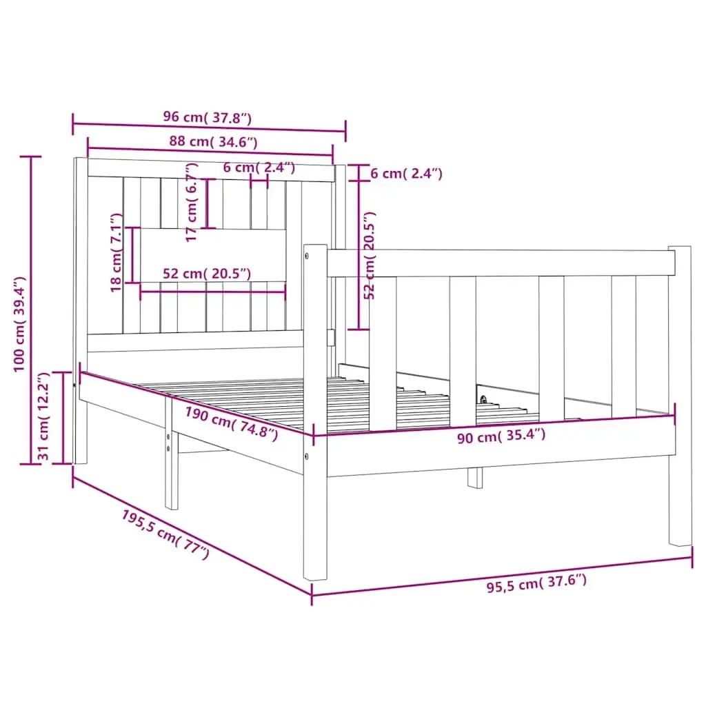 Black Pine Wood Bed Frame Single with Integrated Headboard and Wooden Slat Base Size 90x190 cm