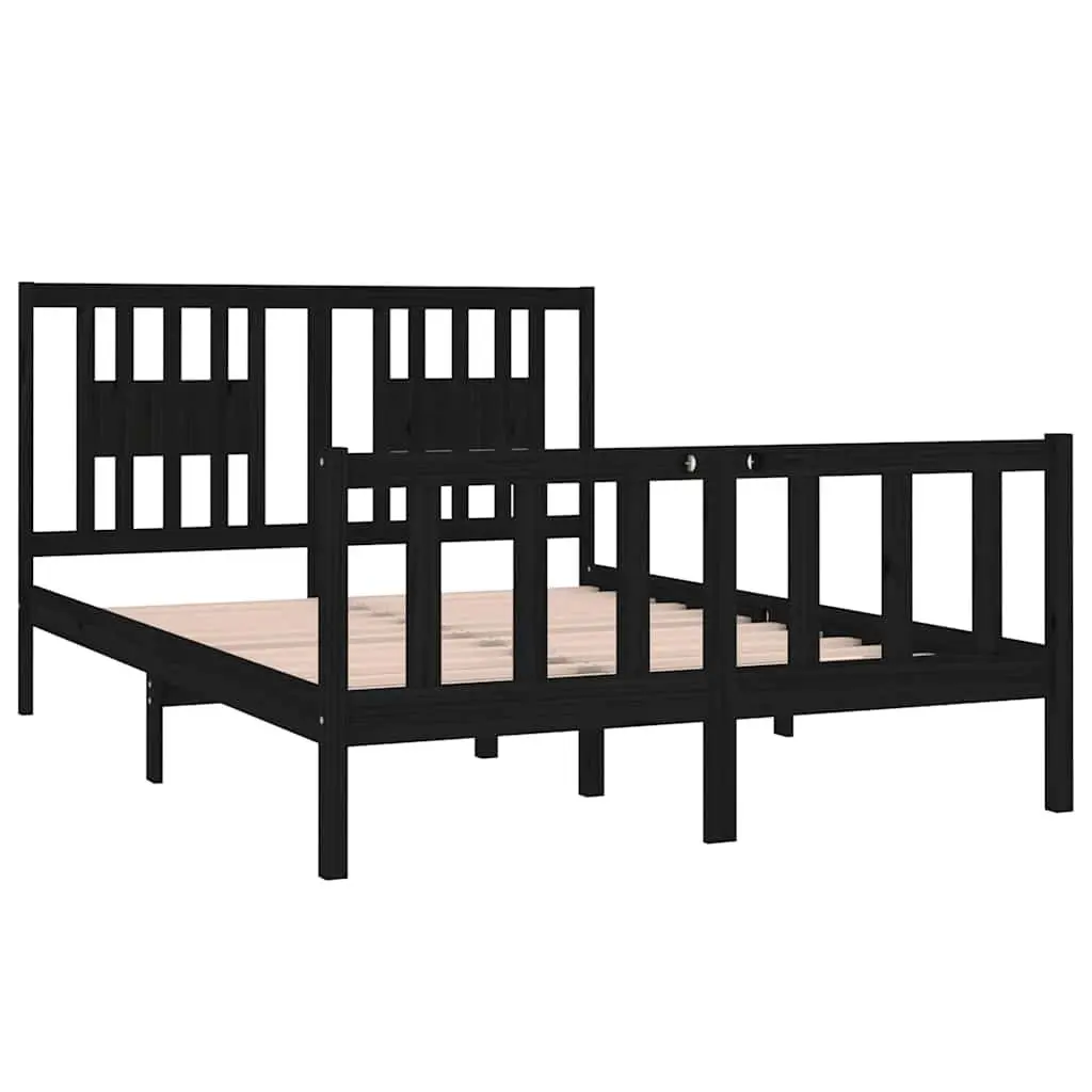Bed Frame 135x190 cm Black Solid Wood Bedroom Furniture with Headboard Slats