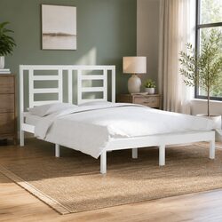 Durable White Bed Frame 150x200 cm with Pine Wood Headboard