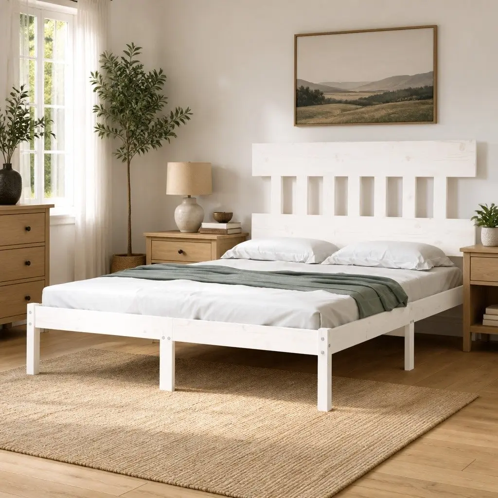 White Wooden Bed Frame 183 x 203 cm