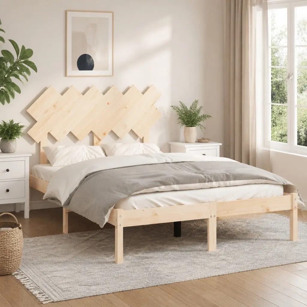 Solid Wood Bed Frame Brown Pine 135x190 cm with Plywood Slats and Classic Headboard for Bedroom