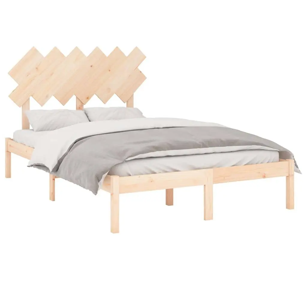 Solid Wood Bed Frame Brown Pine 135x190 cm with Plywood Slats and Classic Headboard for Bedroom