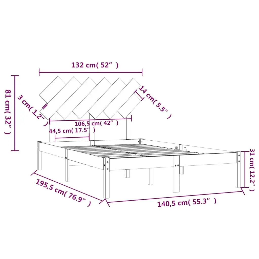 Solid Wood Bed Frame Brown Pine 135x190 cm with Plywood Slats and Classic Headboard for Bedroom